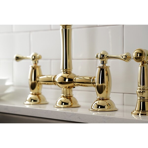 KS3792BLBS Restoration Bridge Kitchen Faucet W/ Brass Sprayer, Brass